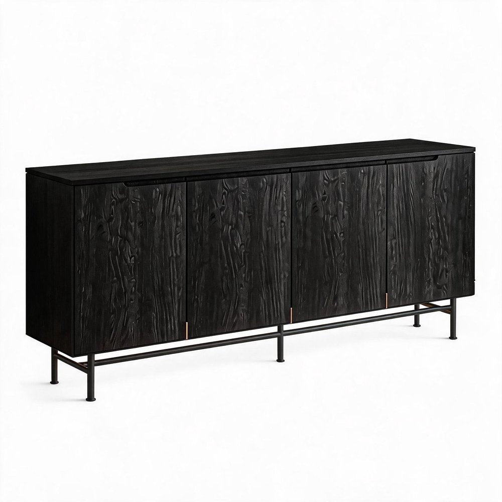 68" Black Wood Enclosed Storage TV Stand. TV stand isolated on a plain white background, finished in black wood.