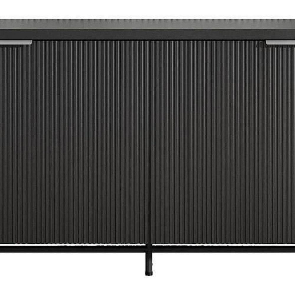 68" Black Wood Enclosed Storage TV Stand. TV stand isolated on a plain white background, finished in black wood.