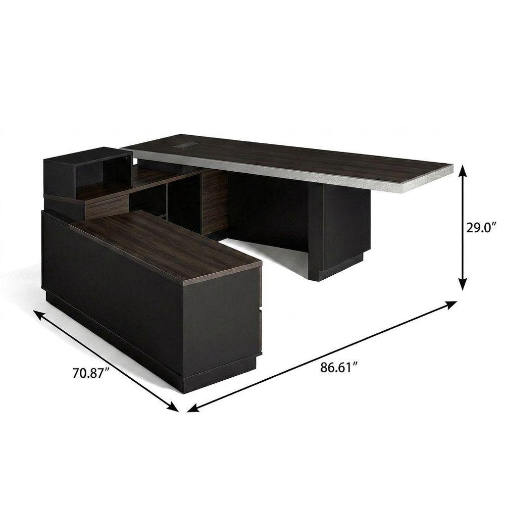 87" Black Wood Pedestal Executive Desk With Two Drawers Built in Lighting on a white background