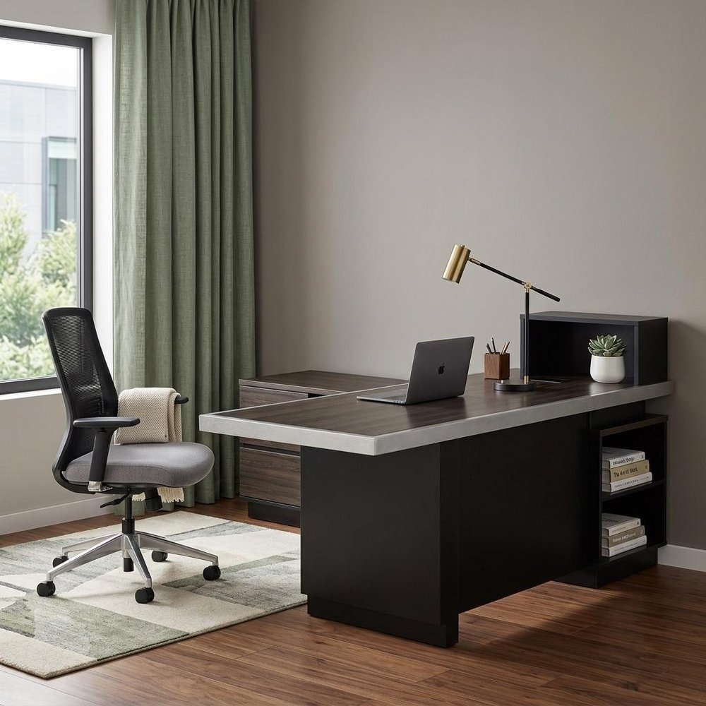 87" Black Wood Pedestal Executive Desk With Two Drawers Built in Lighting in a home interior