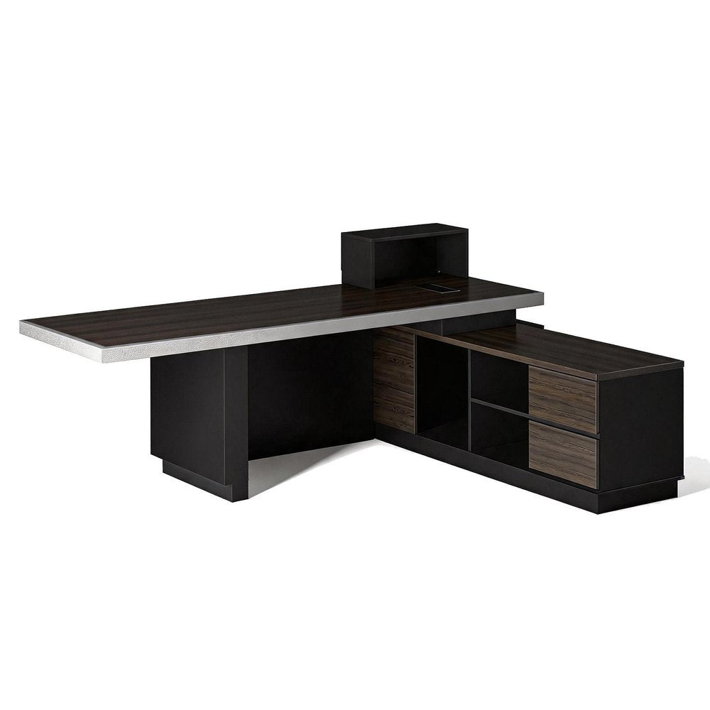 87" Black Wood Pedestal Executive Desk With Two Drawers Built in Lighting on a white background