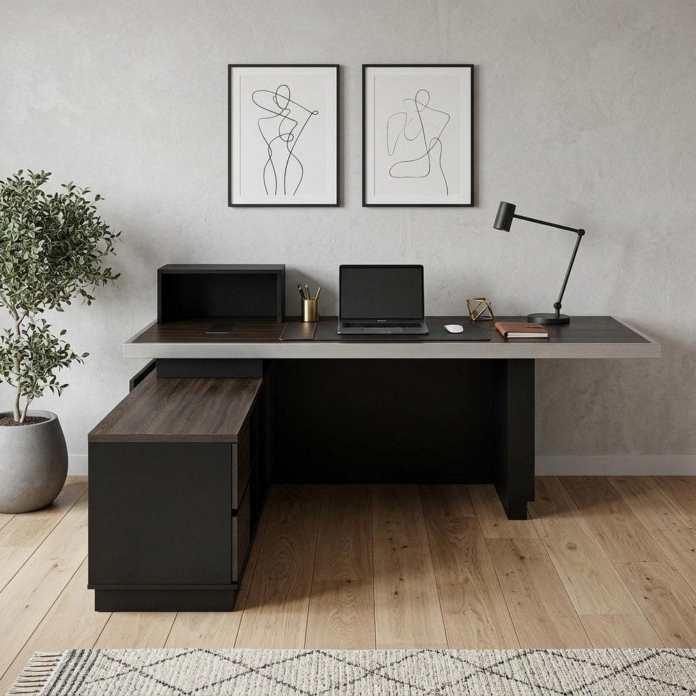79" Black Wood Pedestal Executive Desk With And Two Drawers Built in Lighting on a white background
