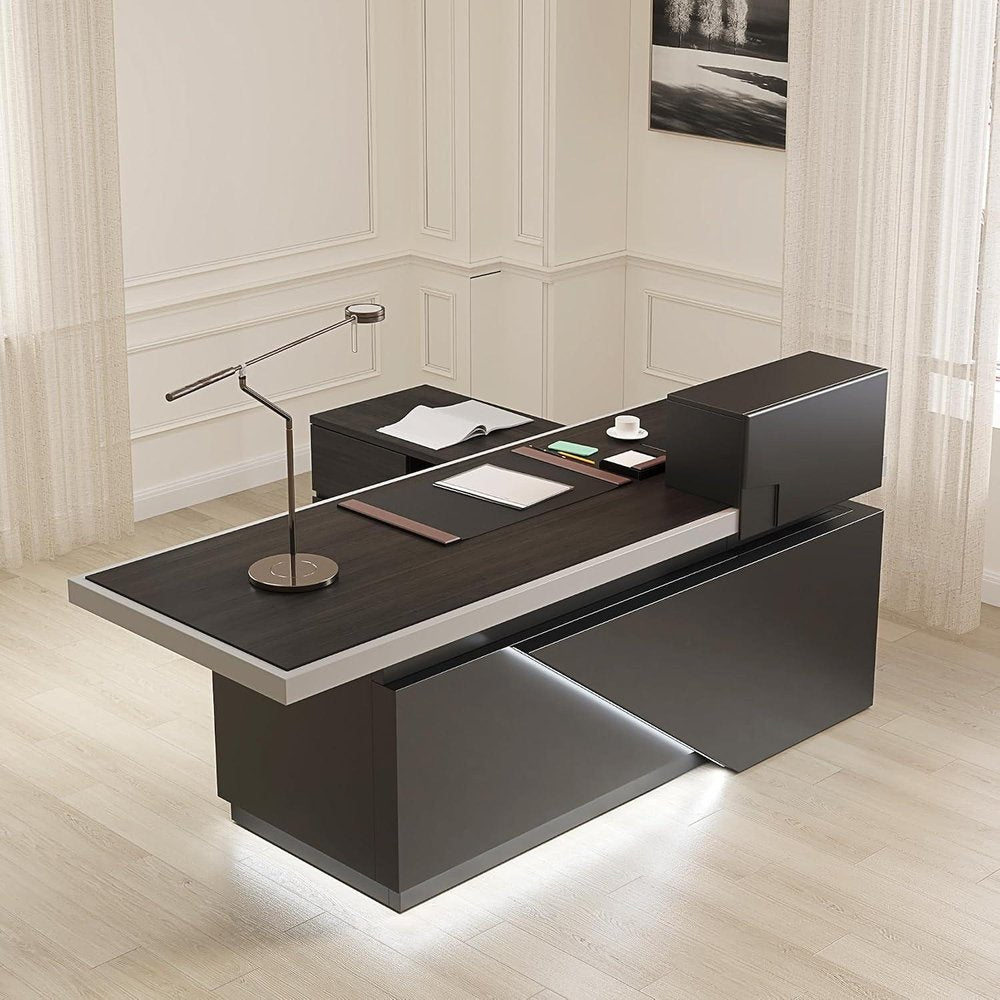 79" Black Wood Pedestal Executive Desk With Two Drawers Built in Lighting