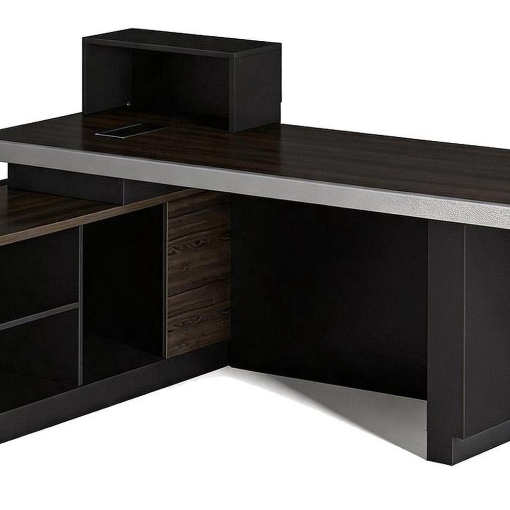79" Black Wood Pedestal Executive Desk With And Two Drawers Built in Lighting on a white background