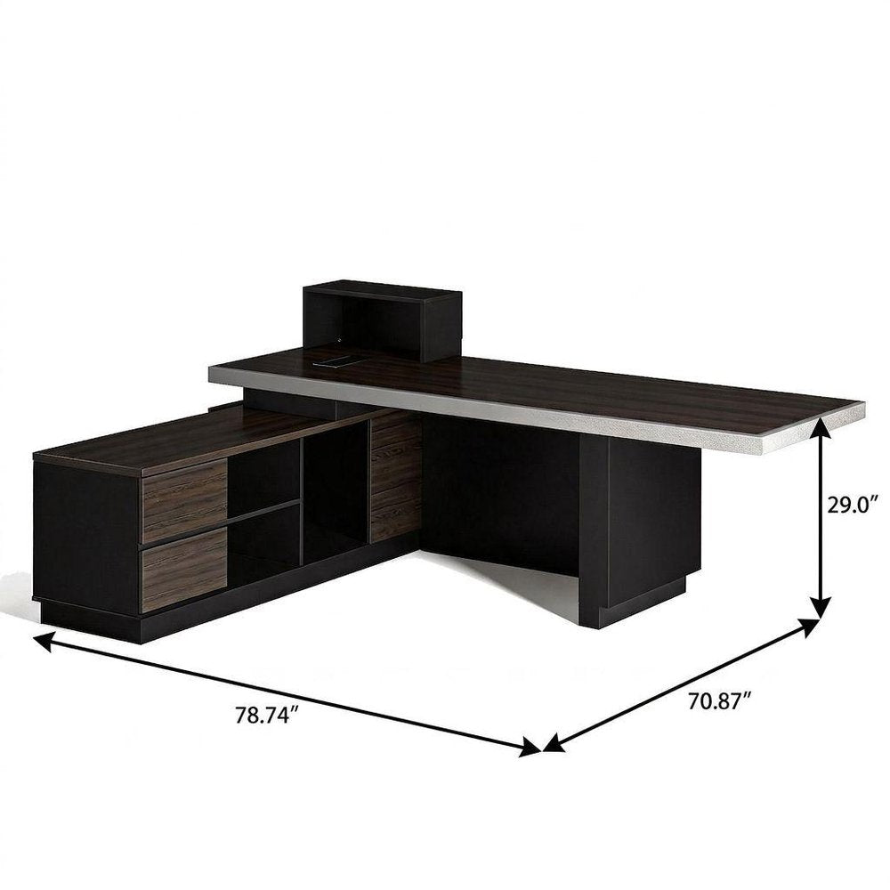 79" Black Wood Pedestal Executive Desk With And Two Drawers Built in Lighting on a white background
