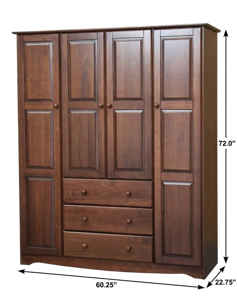 A dark brown solid wood four-door, three-drawer combo dresser with dimensions 60.25" W x 72" H x 22.75" D.