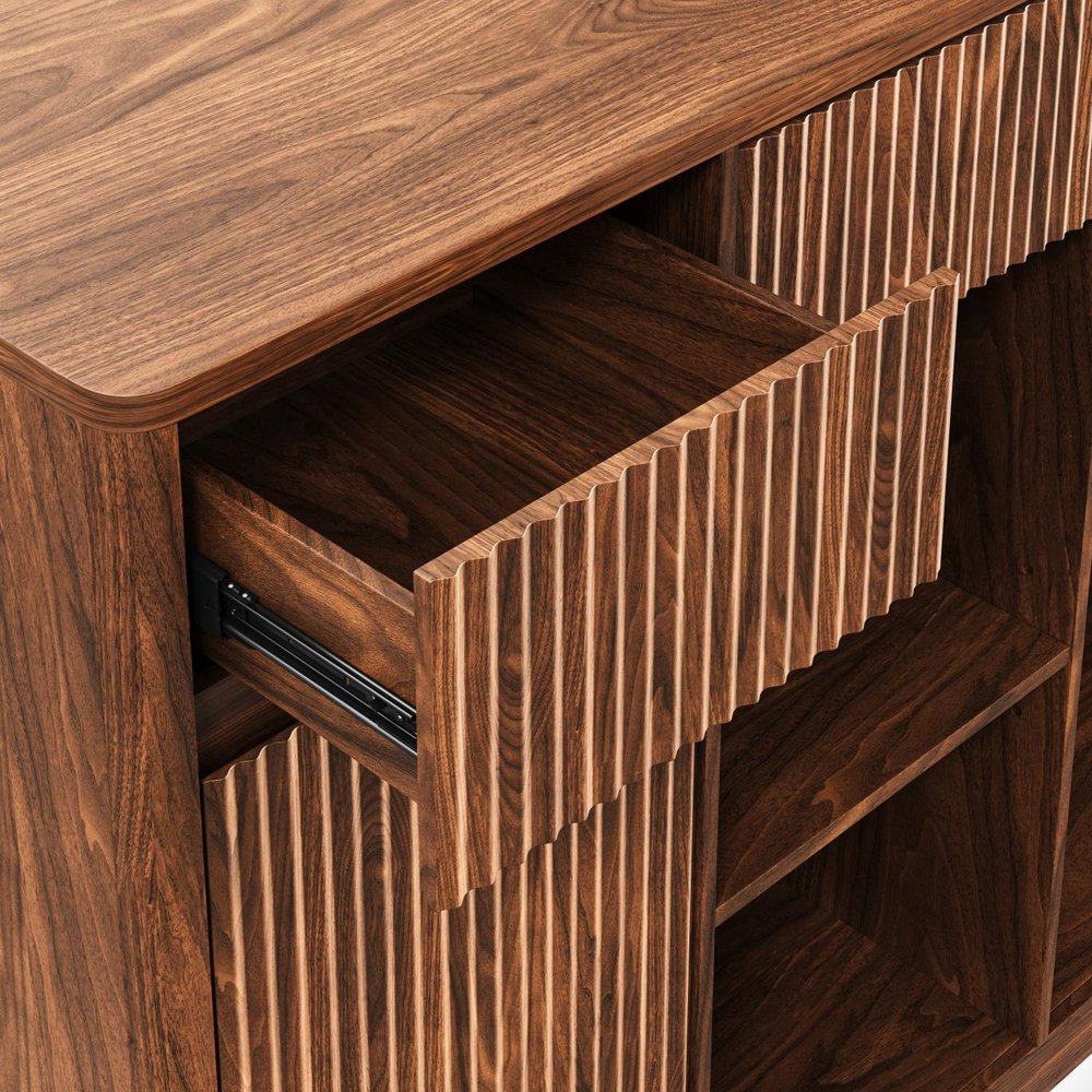 53" Walnut Wood Ribbed Texture Bar Cabinet With Two Doors And Two Drawers