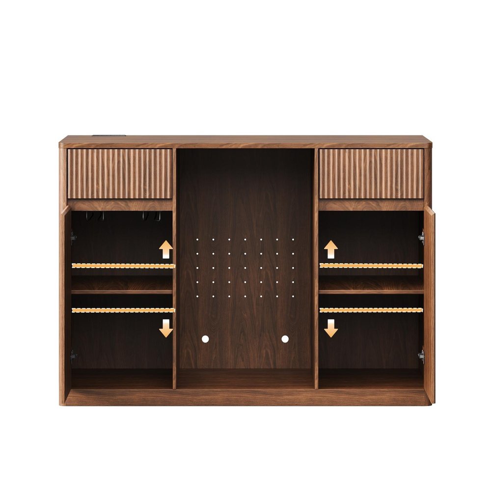 53" Walnut Wood Ribbed Texture Bar Cabinet With Two Doors And Two Drawers