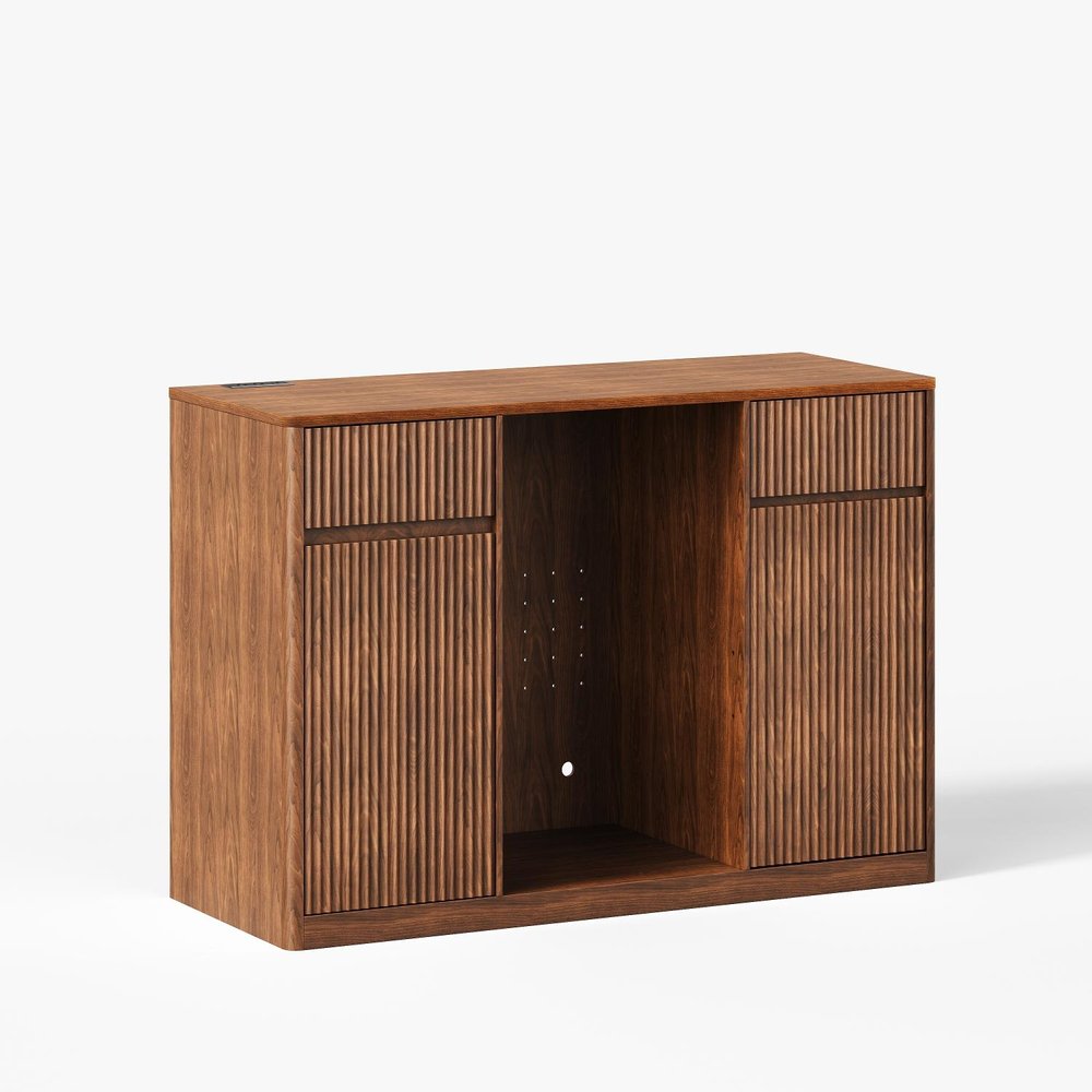 53" Walnut Wood Ribbed Texture Bar Cabinet With Two Doors And Two Drawers. Cabinet isolated on a plain white background, showing a walnut wood surface.