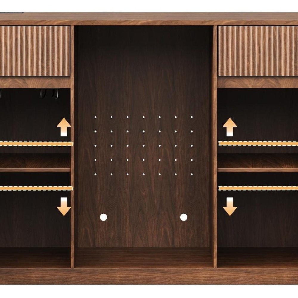53" Walnut Wood Ribbed Texture Bar Cabinet With Two Doors And Two Drawers