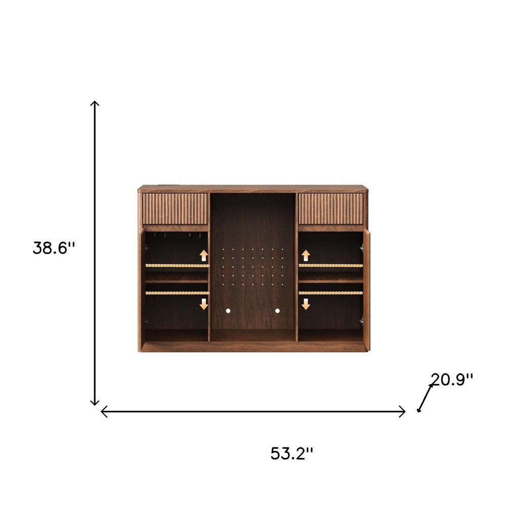 53" Walnut Wood Ribbed Texture Bar Cabinet With Two Doors And Two Drawers