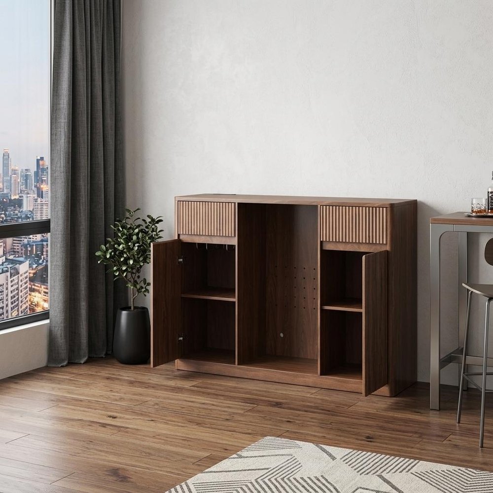 53" Walnut Wood Ribbed Texture Bar Cabinet With Two Doors And Two Drawers