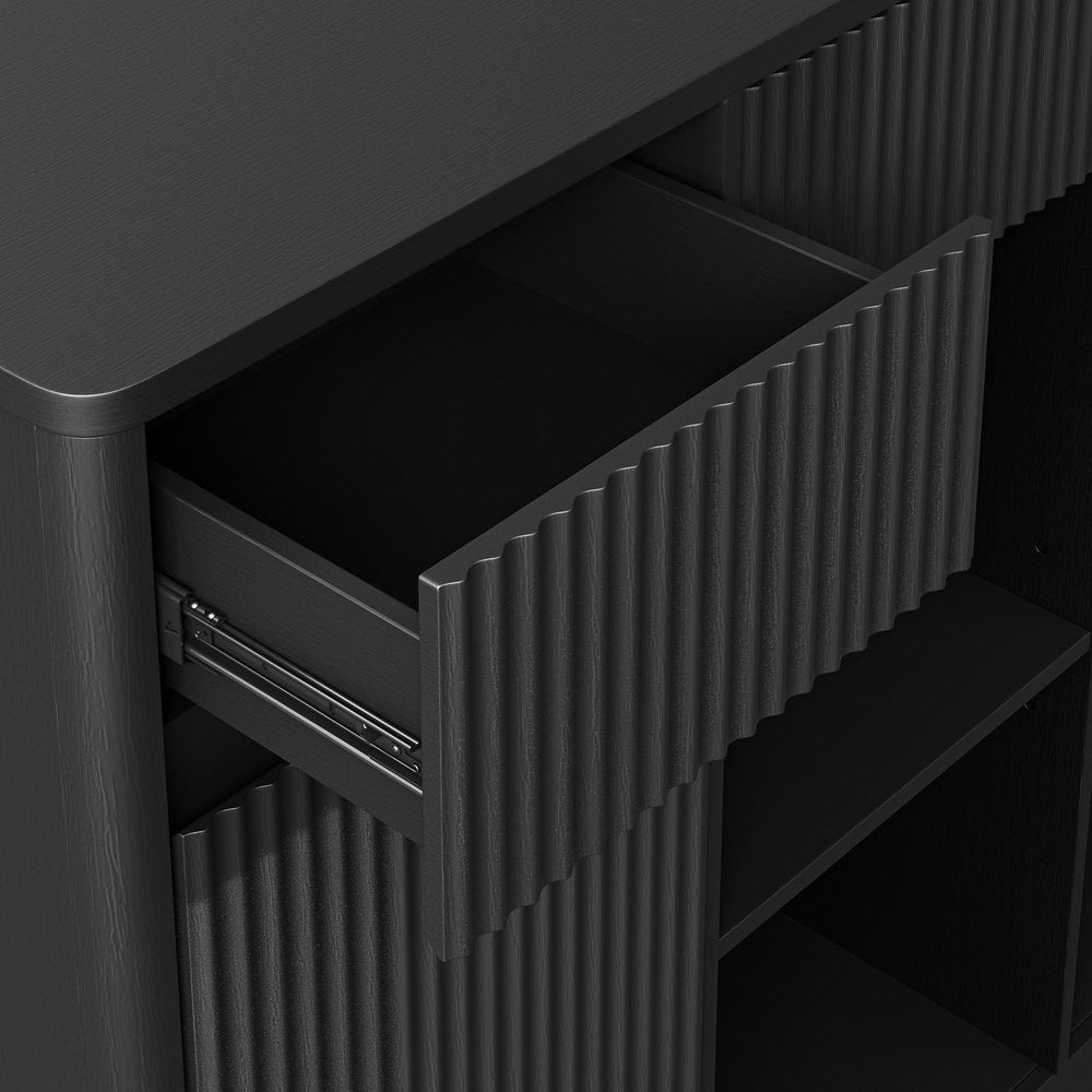 53" Black Wood Ribbed Texture Bar Cabinet With Two Doors And Two Drawers