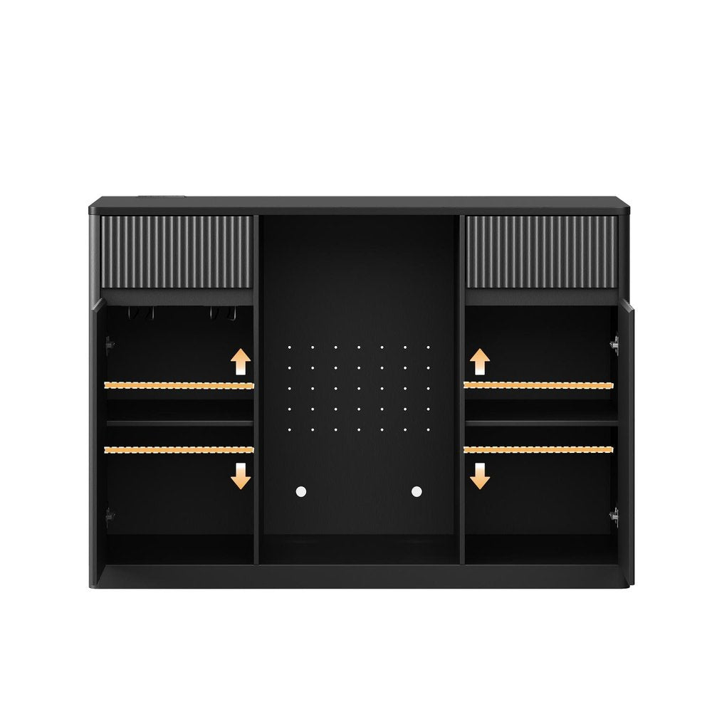 53" Black Wood Ribbed Texture Bar Cabinet With Two Doors And Two Drawers