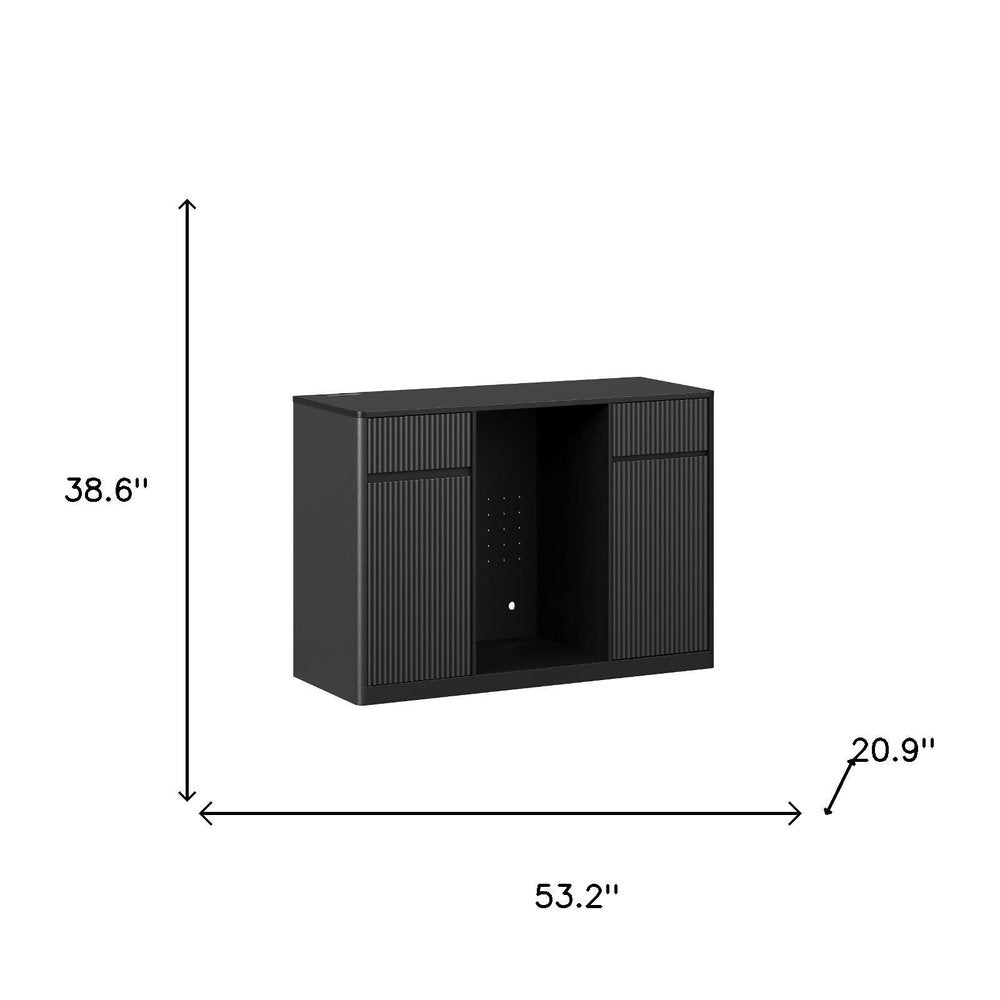 53" Black Wood Ribbed Texture Bar Cabinet With Two Doors And Two Drawers