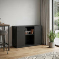53" Black Wood Ribbed Texture Bar Cabinet With Two Doors And Two Drawers