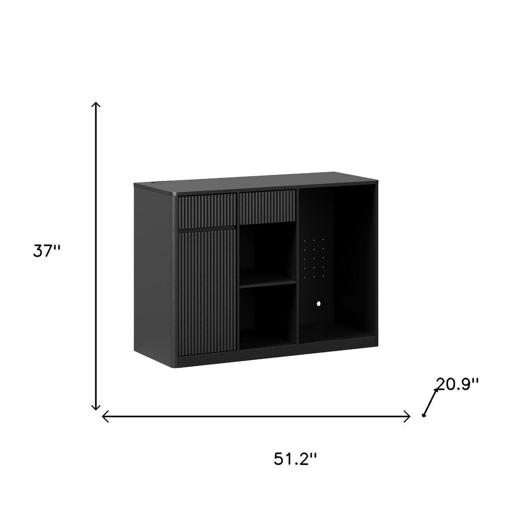 51" Black Wood Ribbed Texture Bar Cabinet With Single Door And Two Drawers