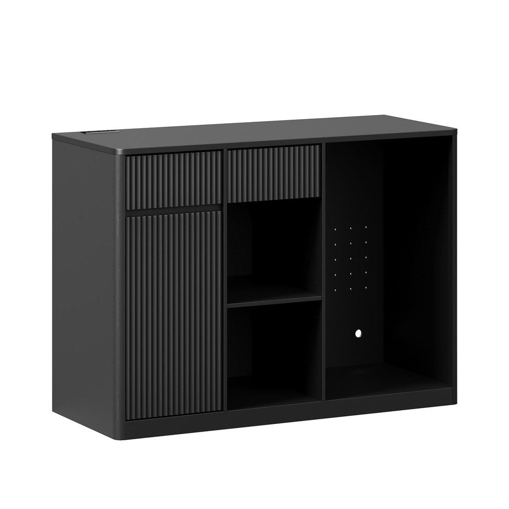 51" Black Wood Ribbed Texture Bar Cabinet With Single Door And Two Drawers