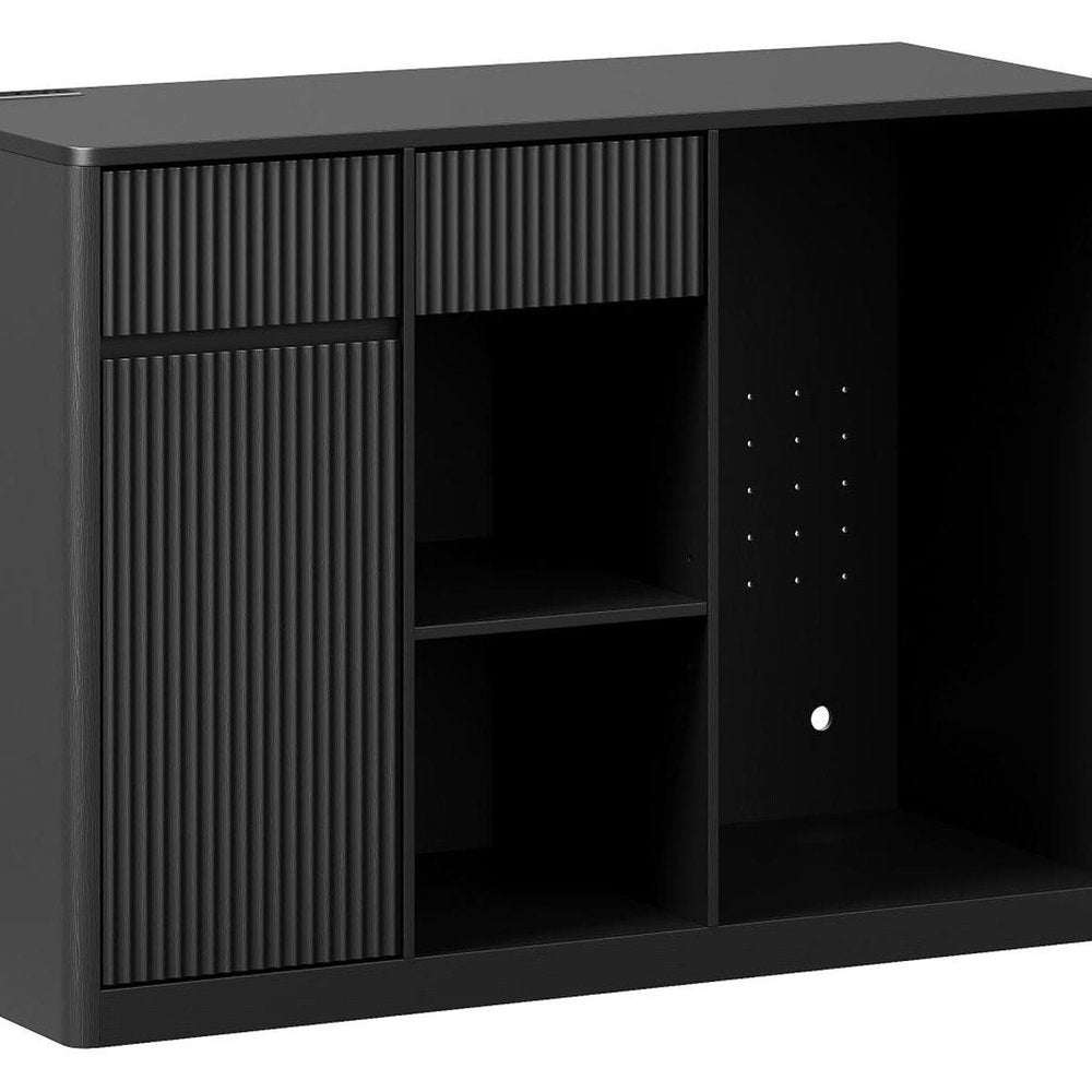 51" Black Wood Ribbed Texture Bar Cabinet With Single Door And Two Drawers