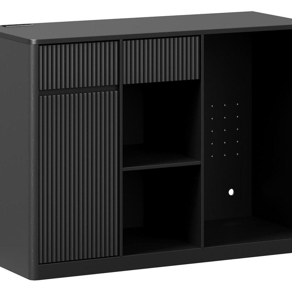 51" Black Wood Ribbed Texture Bar Cabinet With Single Door And Two Drawers