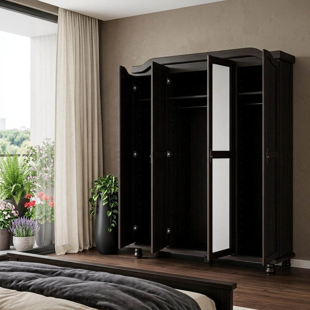 74" Espresso Solid Wood Mirrored Four Door Combo Dresser in a home interior