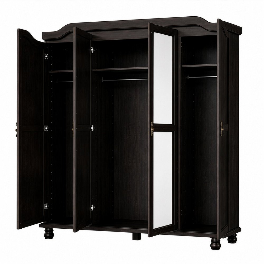 74" Espresso Solid Wood Mirrored Four Door Combo Dresser