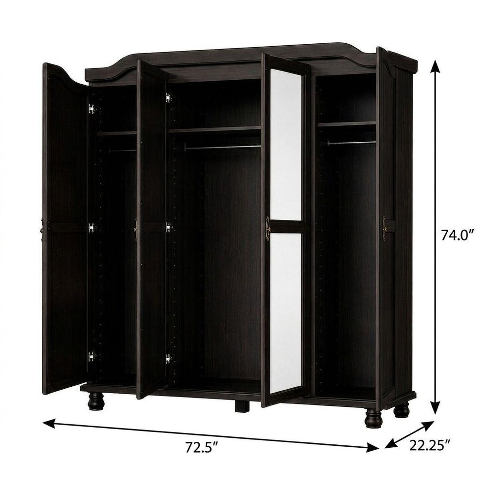 74" Espresso Solid Wood Mirrored Four Door Combo Dresser