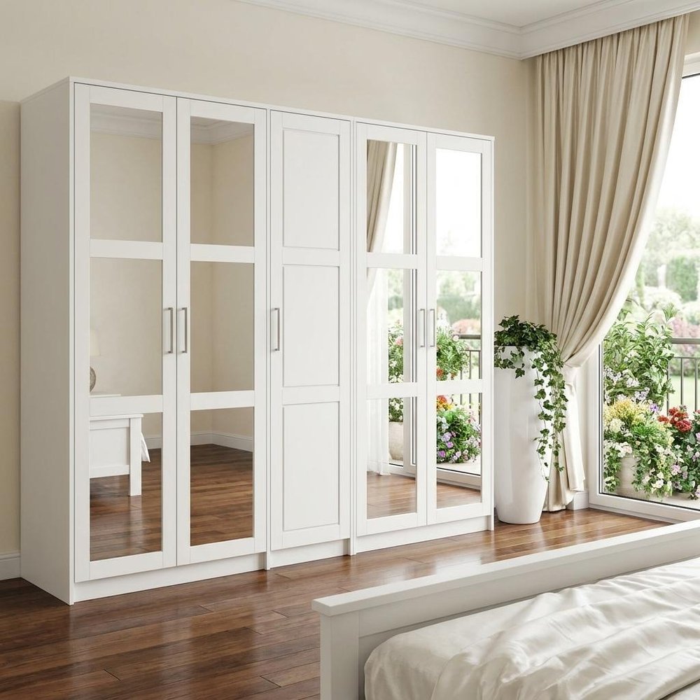 72" White Solid Wood Mirrored Five Door Combo Dresser in a home interior