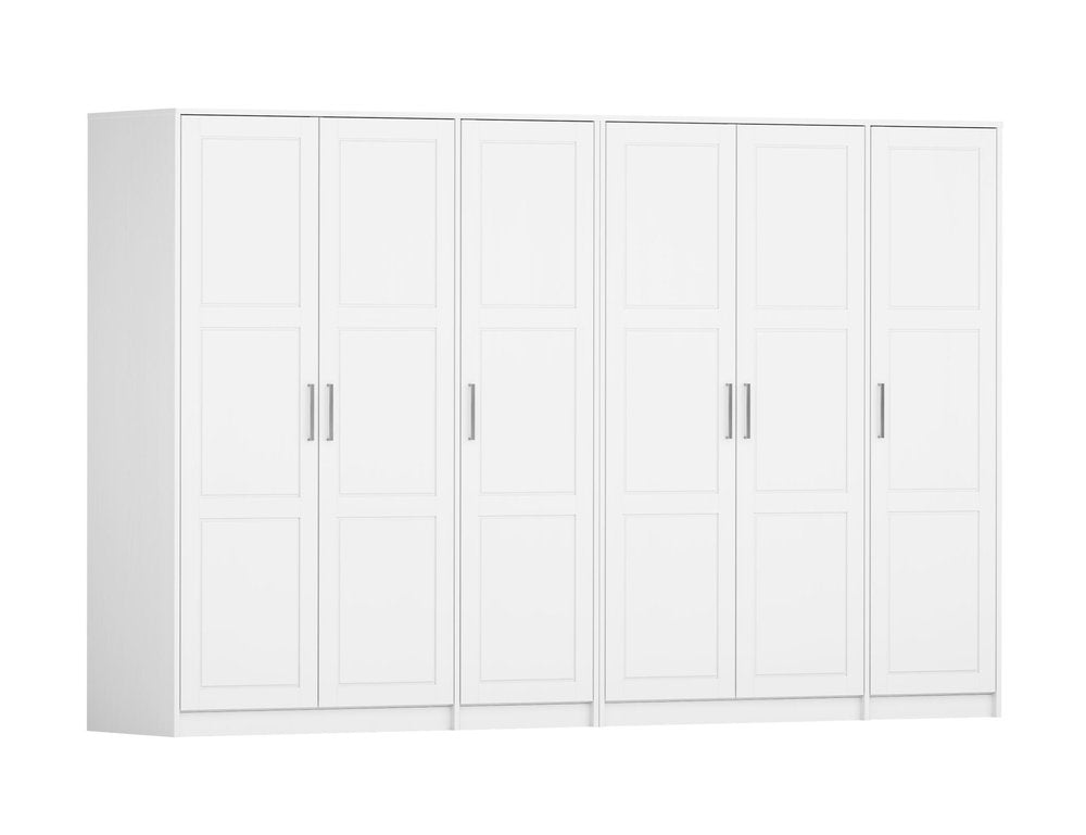 White solid wood six-door combo dresser with silver handles against a white background.