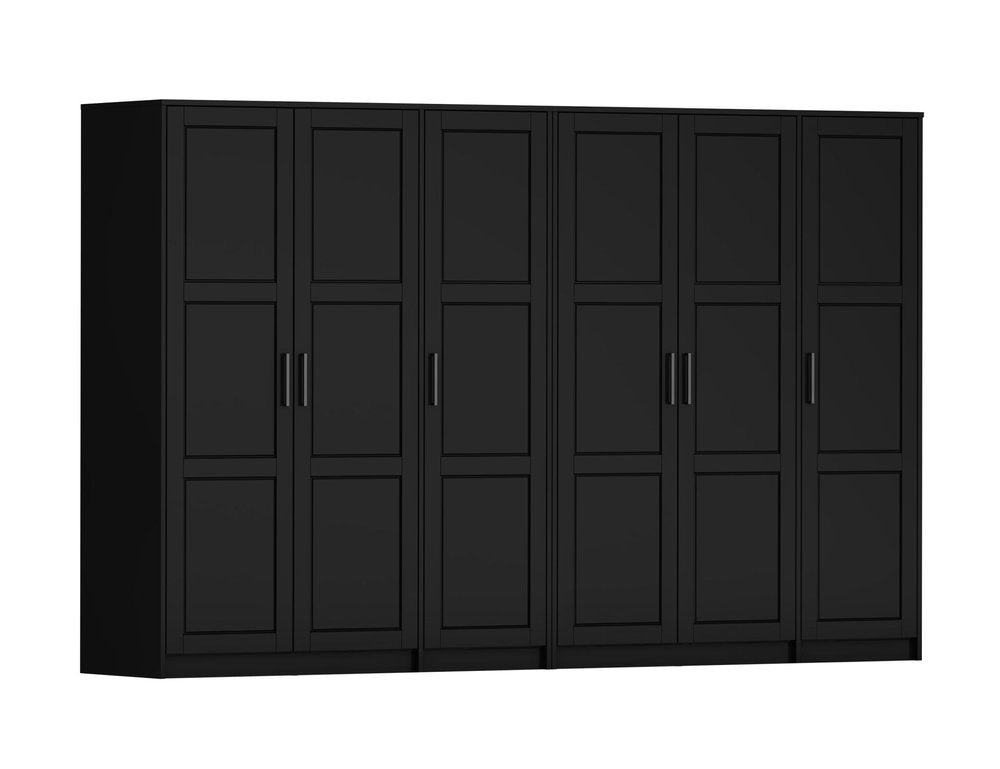 Black six-door dresser with paneled doors and silver handles, set against a white background.
