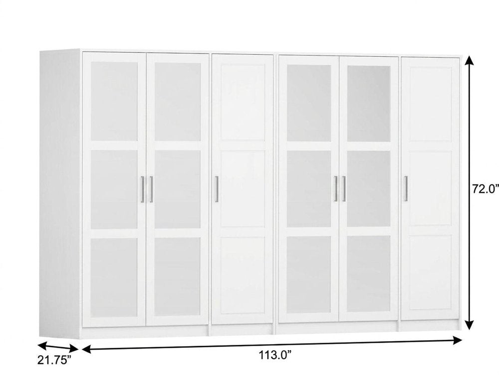 72" White Solid Wood Mirrored Six Door Combo Dresser - 72.00" H x 113.00" W x 21.75" D