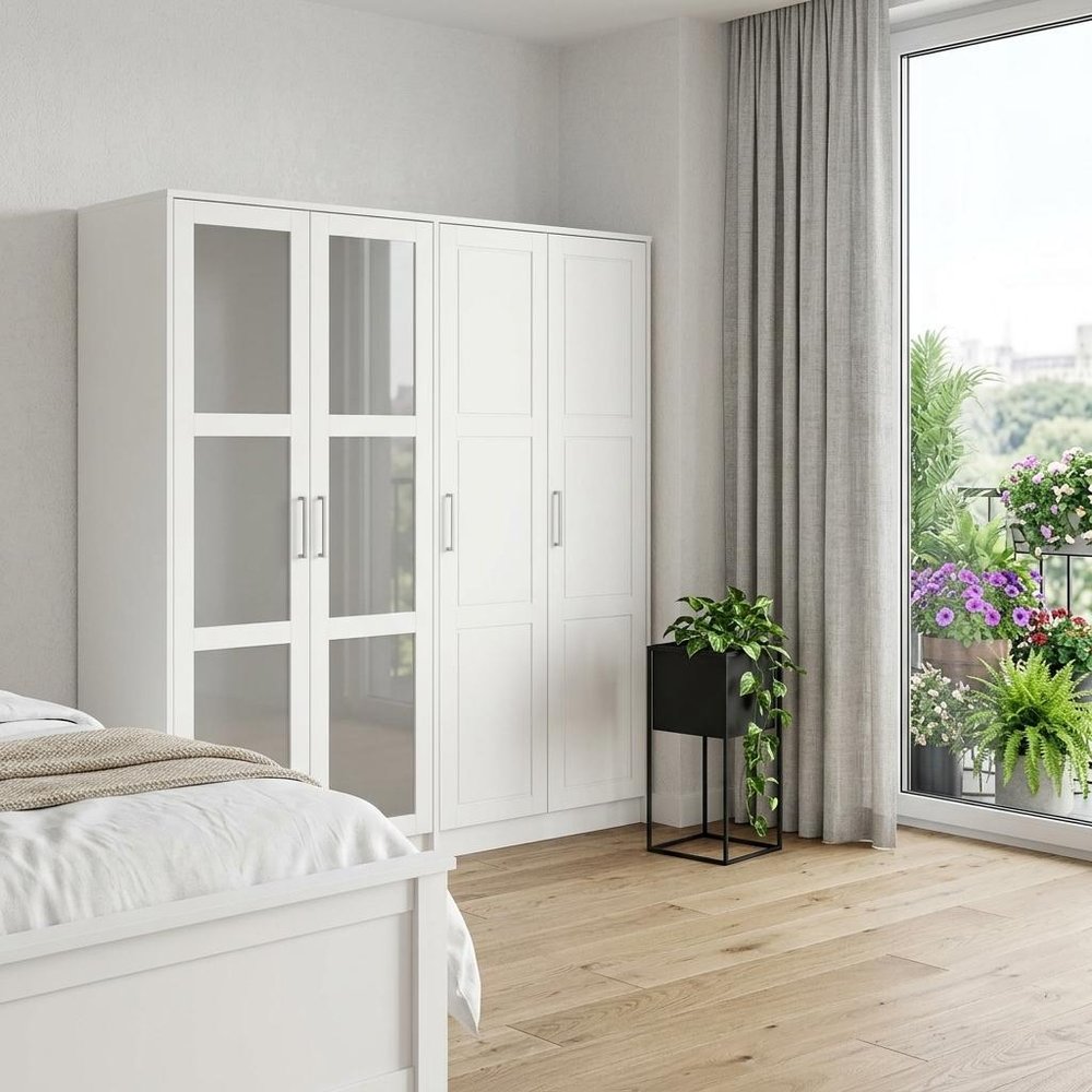 72" White Solid Wood Mirrored Six Door Combo Dresser on a white background