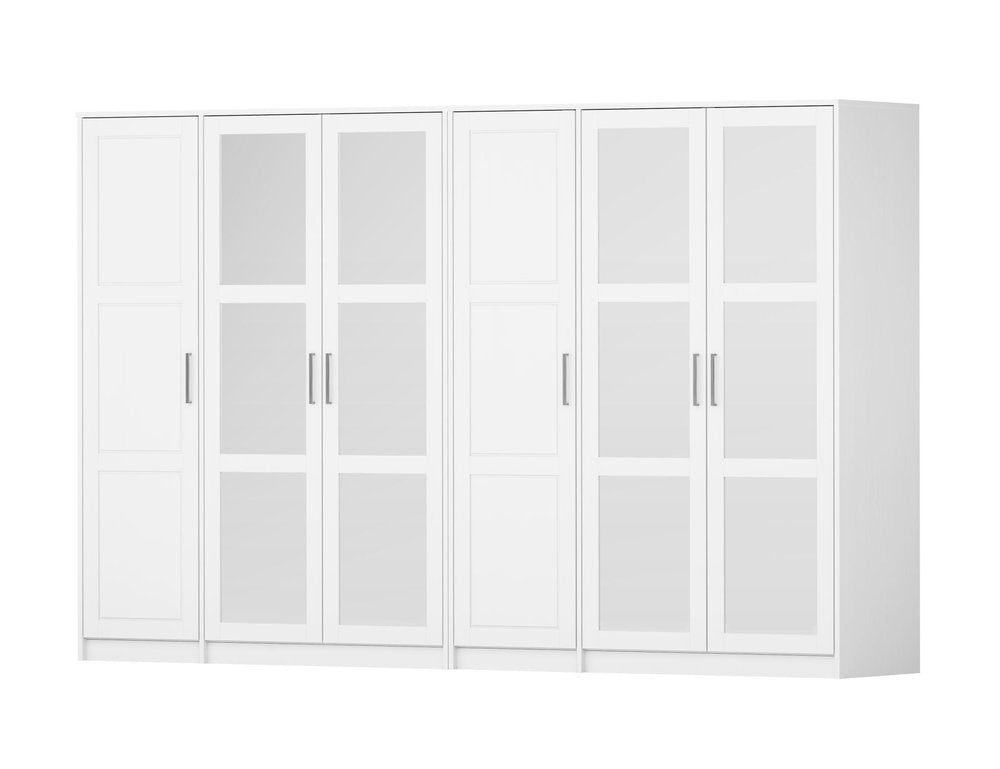 72" White Solid Wood Mirrored Six Door Combo Dresser on a white background