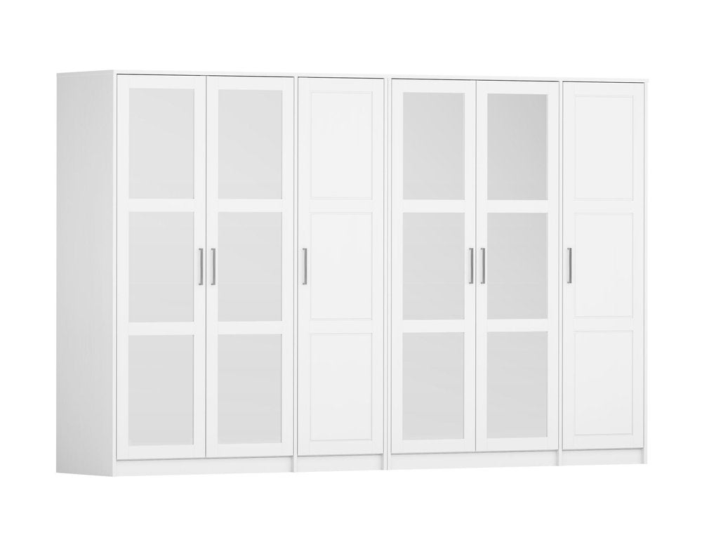 White six-door dresser with mirrored panels and silver handles against a white background.