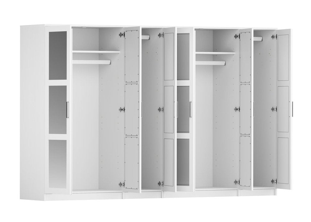 72" White Solid Wood Mirrored Six Door Combo Dresser on a white background