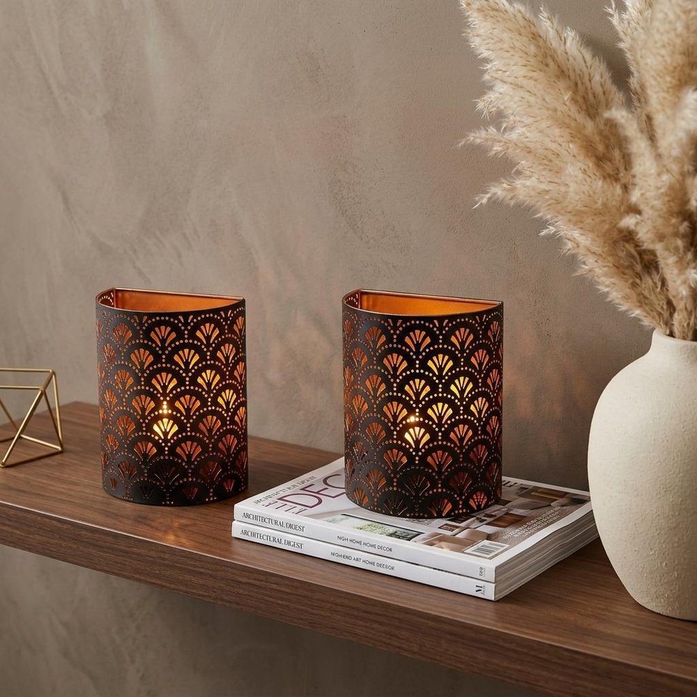 Set of Two 8" Bronze Geometric Desk Lamps With Cylinder Shades in a home interior
