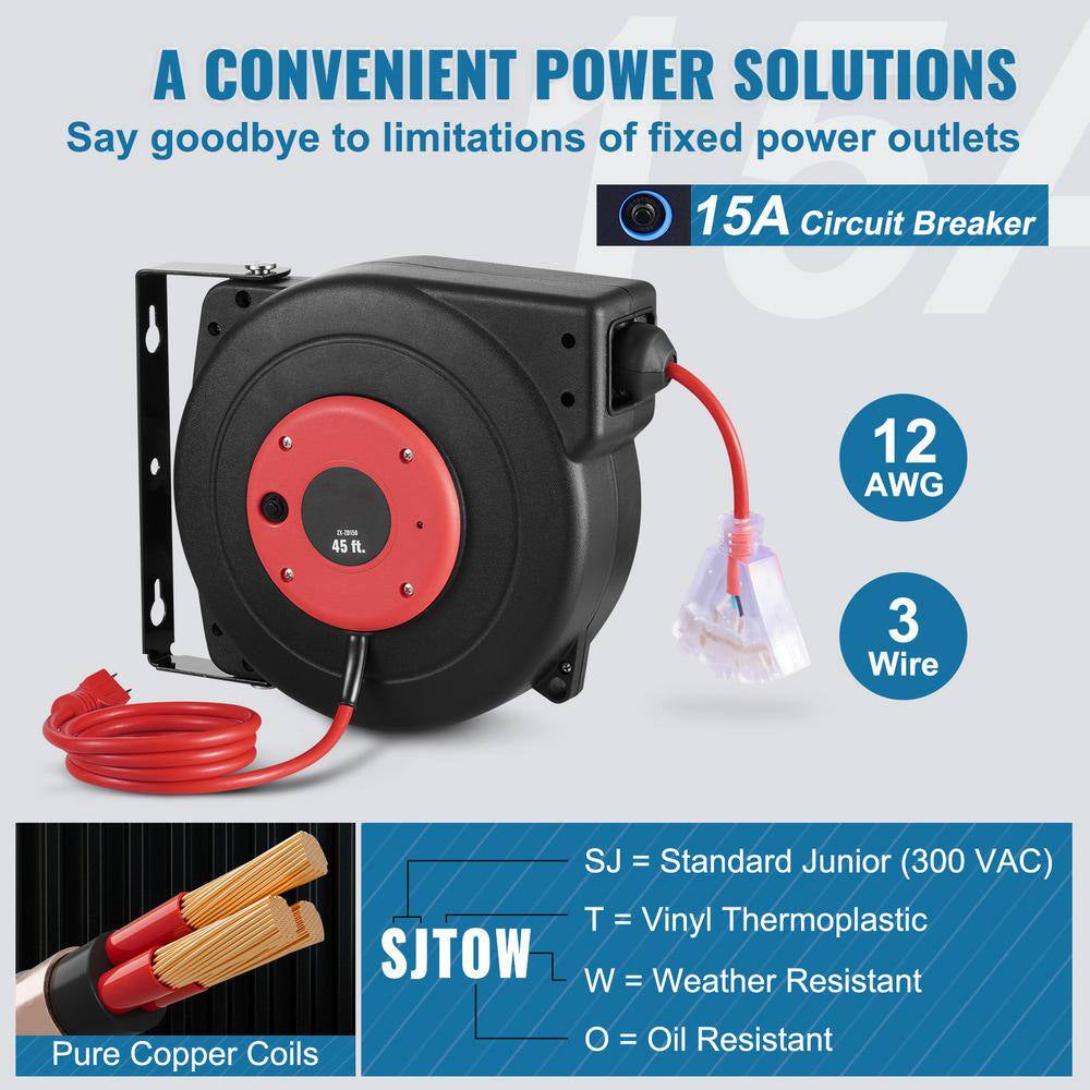 45 Ft., 12Gauge / 3 Conductors, 15 Amps Retractable Extension Cord Reel with 3-Outlets, Heavy Duty 12AWG / 3C SJTOW
