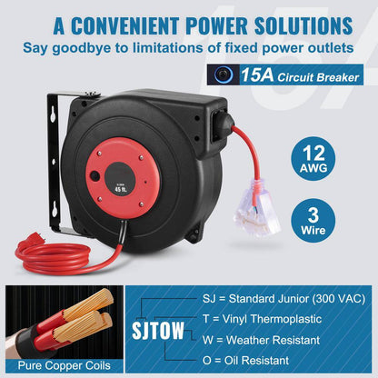 45 Ft., 12Gauge / 3 Conductors, 15 Amps Retractable Extension Cord Reel with 3-Outlets, Heavy Duty 12AWG / 3C SJTOW