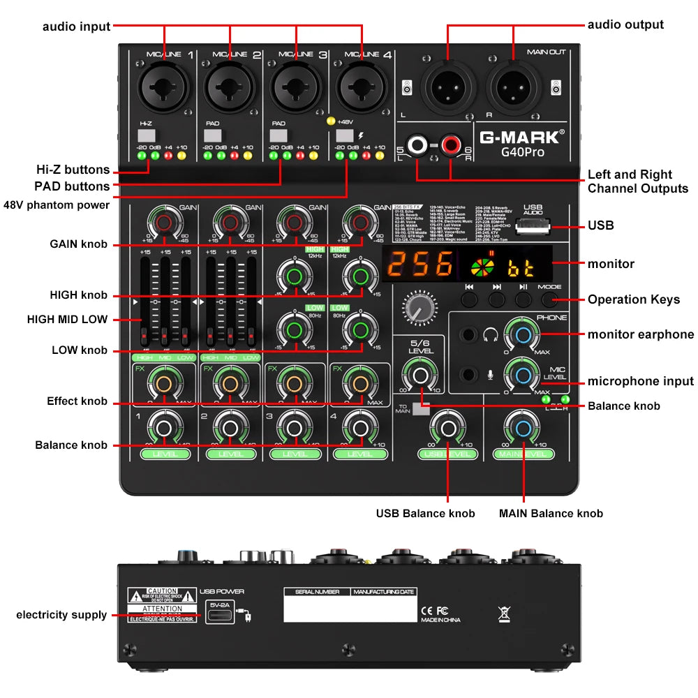 Audio Mixer G-MARK G40PRO 4-Channel Mixing Console With RCA Input And XLR Connectivity