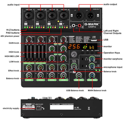 Audio Mixer G-MARK G40PRO 4-Channel Mixing Console With RCA Input And XLR Connectivity
