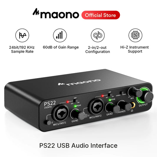 MAONO PS22 USB Audio Interface for PC 60dB Pro-Preamp 24bit 192kHz Dual USB Interface for Home Recording Podcast Streaming