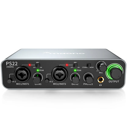 MAONO PS22 USB Audio Interface for PC 60dB Pro-Preamp 24bit 192kHz Dual USB Interface for Home Recording Podcast Streaming