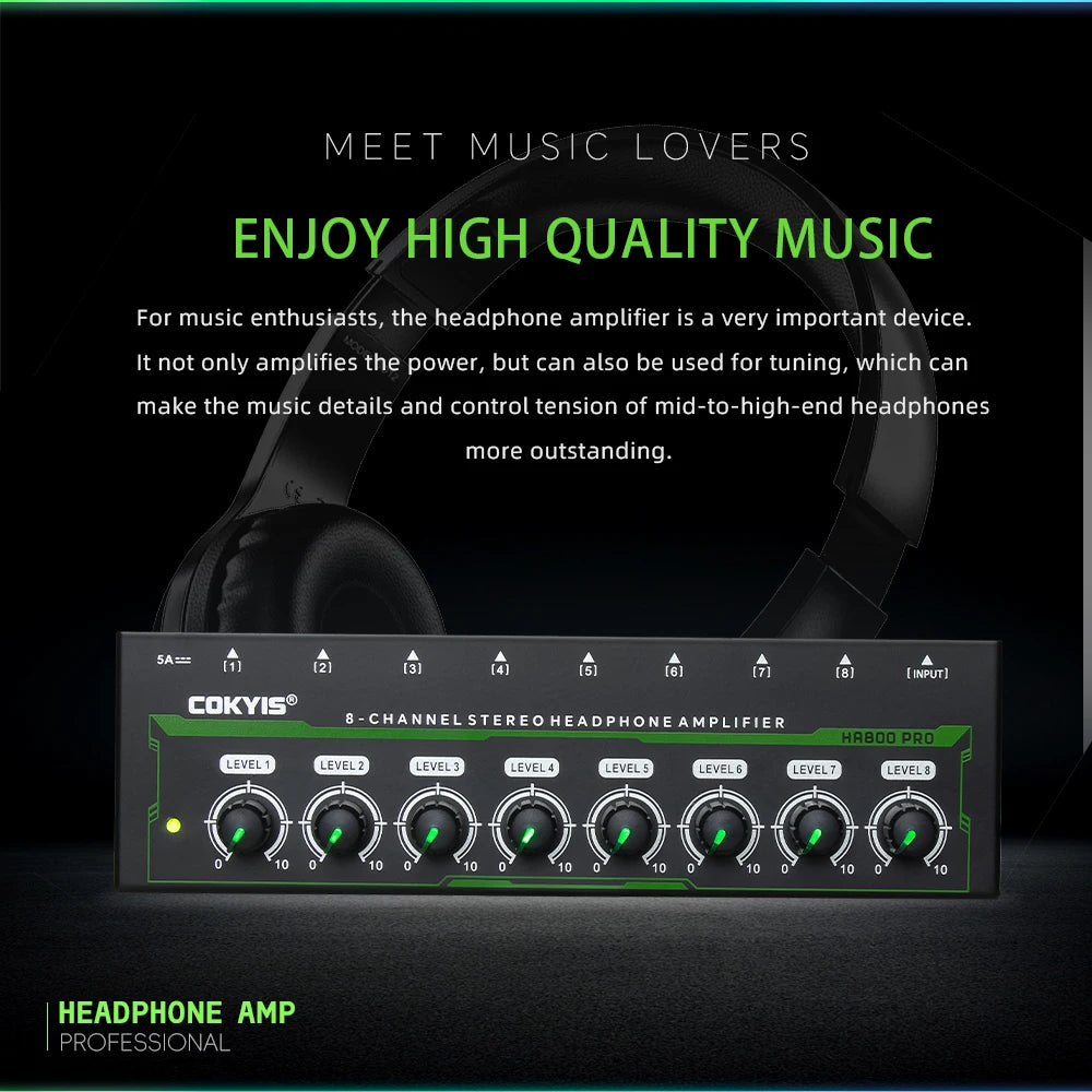 HA800 PRO 8 Channel Headset Amplifier Audio Stereo Audio Amplifier With Power Adapter for Music Mixer Recording EU/USplug