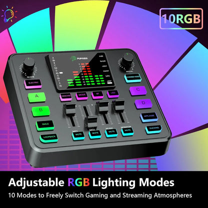 Pupgsis Gaming Audio Mixer Audio Interface with Pro-preamp RGB, Bluetooth 48V Phantom Power for Live Streaming,Podcasting,Gaming