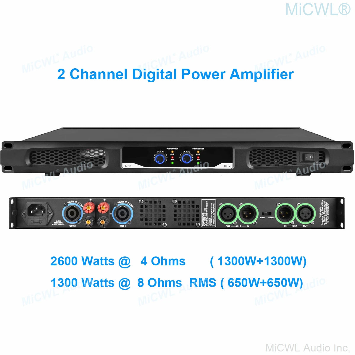 MiCWL Audio Pro CA Series 5200W Digital Power Amplifier 4 Channel 2600 Watt AMP Standard 19" 1U Rack CA650