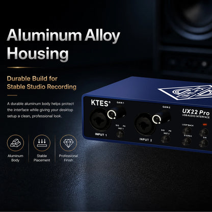 UX22 Pro Audio Interface 192kHz 32-Bit USB Sound Card for Studio Recording Live Streaming Podcast DAW Music Production & YouTube