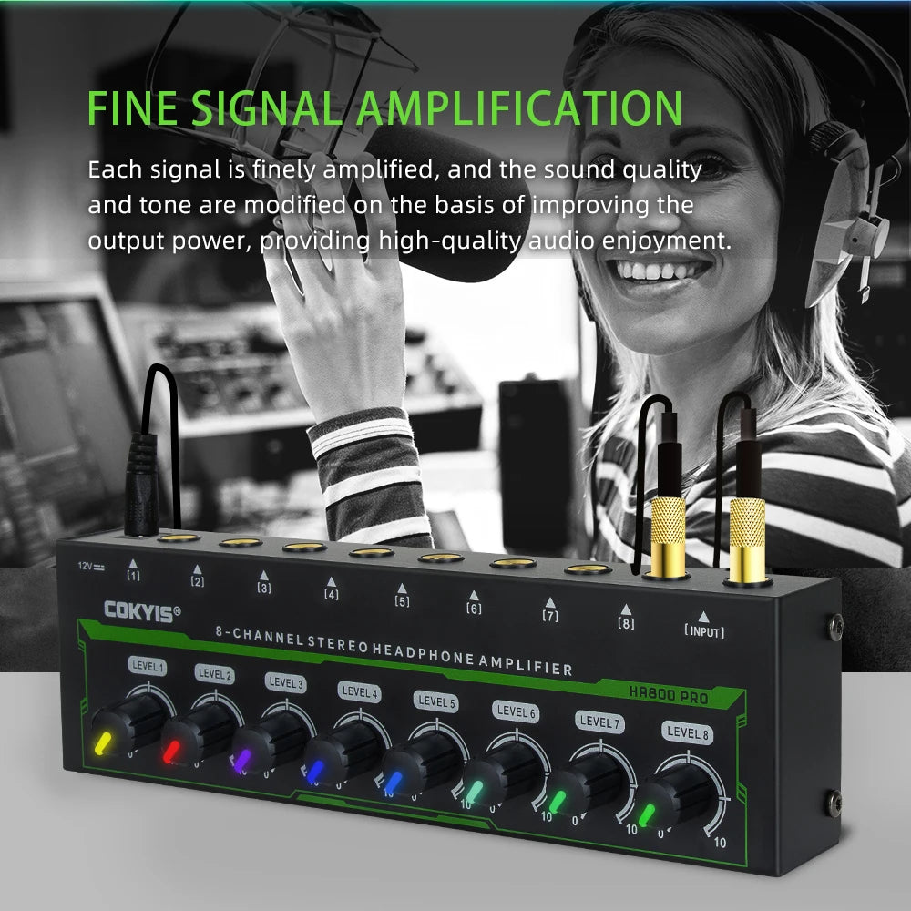 HA800 PRO 8 Channel Headset Amplifier Audio Stereo Audio Amplifier With Power Adapter for Music Mixer Recording EU/USplug