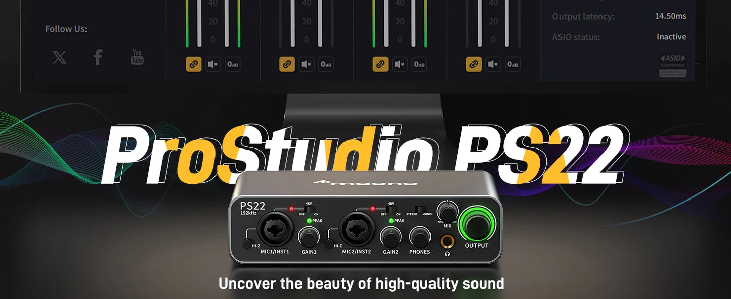 MAONO PS22 USB Audio Interface for PC 60dB Pro-Preamp 24bit/192kHz Dual USB Interface for Home Sudio Recording Podcast Streaming