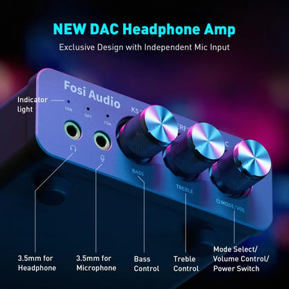 Fosi Audio K5 PRO USB Gaming DAC with Microphone Earphone Amplifier for PS5 Desktop Active Speakers Mini Audio DAC