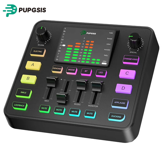 Pupgsis Gaming Audio Mixer Audio Interface with Pro-preamp RGB, Bluetooth 48V Phantom Power for Live Streaming,Podcasting,Gaming